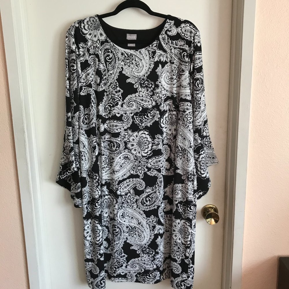 Chicos Black White Floral Paisley Shift Dress XL